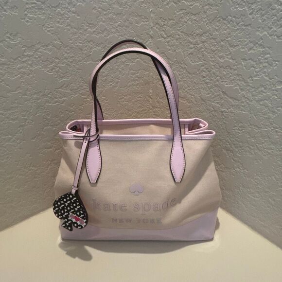 Kate Spade Leather Trim Canvas Tote Bag Natural Pink Logo Preppy Barbiecore - Picture 2 of 16